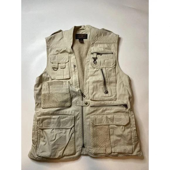 Eddie Bauer Men's Small Khaki Fishing Vest Net Lining Zip Pockets Cotton Vented - Picture 1 of 9